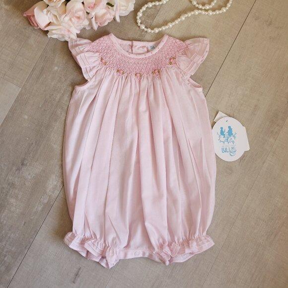 Smocked Blue Heirloom Romper Boutique Pin Tucks Bullion Embroidery NWT - Picture 5 of 5